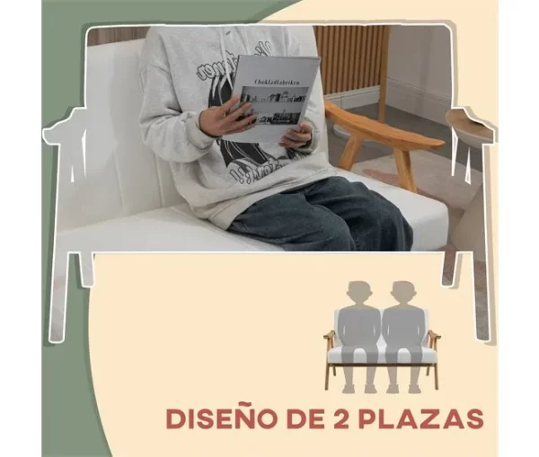HOMCOM Sofá de 2 Lugares Moderno Sofá Sala de Estar Estofado em Poliéster com Assento Acolchoado e Pés de Madeira para Escritório Carga Máxima 200 kg 126x74x82 cm Creme
