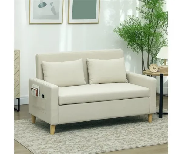 HOMCOM Sofá 2 Lugares Estofado em Linho Sintético Sofá Sala de Estar com 2 Almofadas Espaço de Armazenamento e Pés de Madeira Sofá Pequeno Carga 240 kg 135x72x84 cm Bege