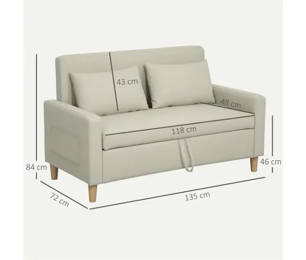 HOMCOM Sofá 2 Lugares Estofado em Linho Sintético Sofá Sala de Estar com 2 Almofadas Espaço de Armazenamento e Pés de Madeira Sofá Pequeno Carga 240 kg 135x72x84 cm Bege