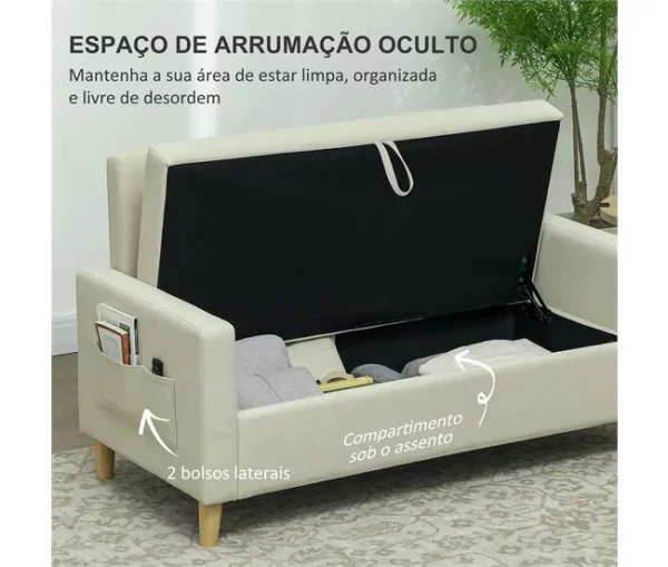 HOMCOM Sofá 2 Lugares Estofado em Linho Sintético Sofá Sala de Estar com 2 Almofadas Espaço de Armazenamento e Pés de Madeira Sofá Pequeno Carga 240 kg 135x72x84 cm Bege