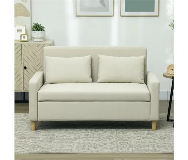 HOMCOM Sofá 2 Lugares Estofado em Linho Sintético Sofá Sala de Estar com 2 Almofadas Espaço de Armazenamento e Pés de Madeira Sofá Pequeno Carga 240 kg 135x72x84 cm Bege