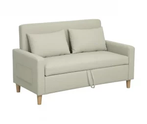 HOMCOM Sofá 2 Lugares Estofado em Linho Sintético Sofá Sala de Estar com 2 Almofadas Espaço de Armazenamento e Pés de Madeira Sofá Pequeno Carga 240 kg 135x72x84 cm Bege
