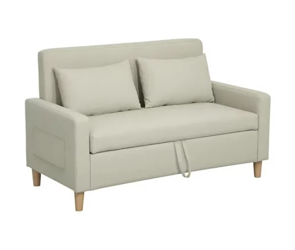 HOMCOM Sofá 2 Lugares Estofado em Linho Sintético Sofá Sala de Estar com 2 Almofadas Espaço de Armazenamento e Pés de Madeira Sofá Pequeno Carga 240 kg 135x72x84 cm Bege