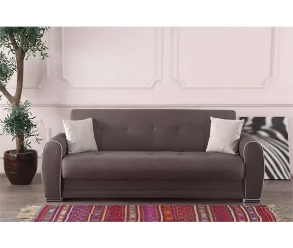 Sofá-cama Dababi, sofá-cama container de 3 lugares com 2 almofadas incluídas, Sofá da sala em tecido acolchoado com abertura click-clac, 224x85h87 cm, Cinza claro