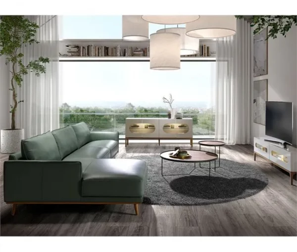 Sofá chaise longue esquerdo em pele verde