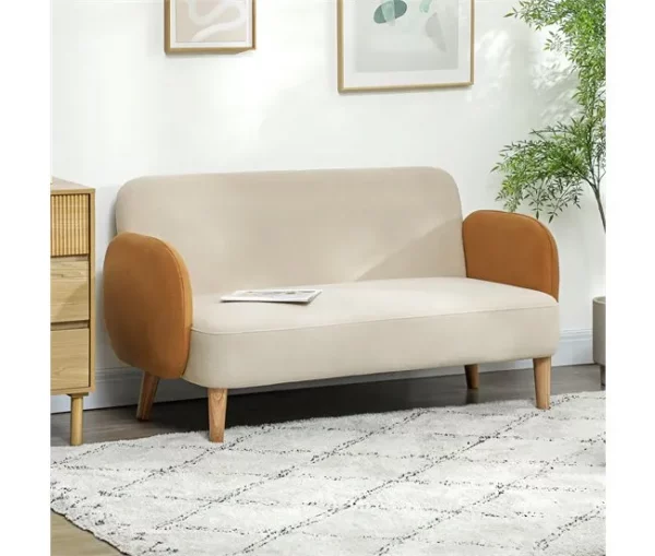 HOMCOM Sofá de 2 Lugares Estofado em Veludo Sofá de Sala de Estar com Apoio para os Braços e Pés de Madeira Sofá Pequeno Carga 240 kg para Dormitório Escritório 130x74x76 cm Bege e Ocre