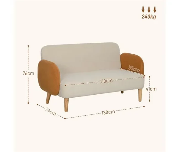 HOMCOM Sofá de 2 Lugares Estofado em Veludo Sofá de Sala de Estar com Apoio para os Braços e Pés de Madeira Sofá Pequeno Carga 240 kg para Dormitório Escritório 130x74x76 cm Bege e Ocre