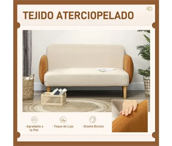 HOMCOM Sofá de 2 Lugares Estofado em Veludo Sofá de Sala de Estar com Apoio para os Braços e Pés de Madeira Sofá Pequeno Carga 240 kg para Dormitório Escritório 130x74x76 cm Bege e Ocre