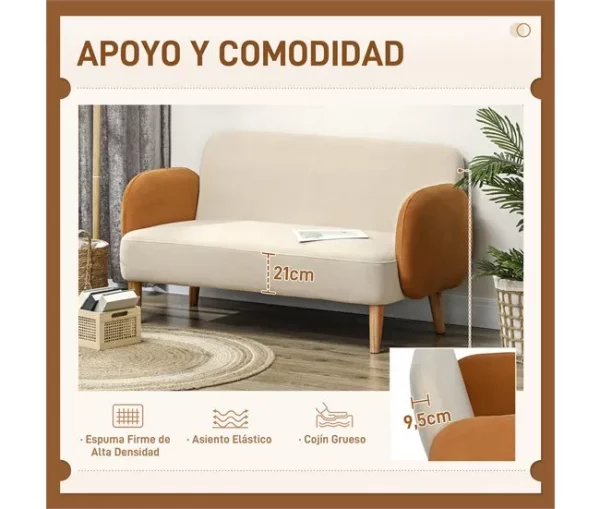 HOMCOM Sofá de 2 Lugares Estofado em Veludo Sofá de Sala de Estar com Apoio para os Braços e Pés de Madeira Sofá Pequeno Carga 240 kg para Dormitório Escritório 130x74x76 cm Bege e Ocre