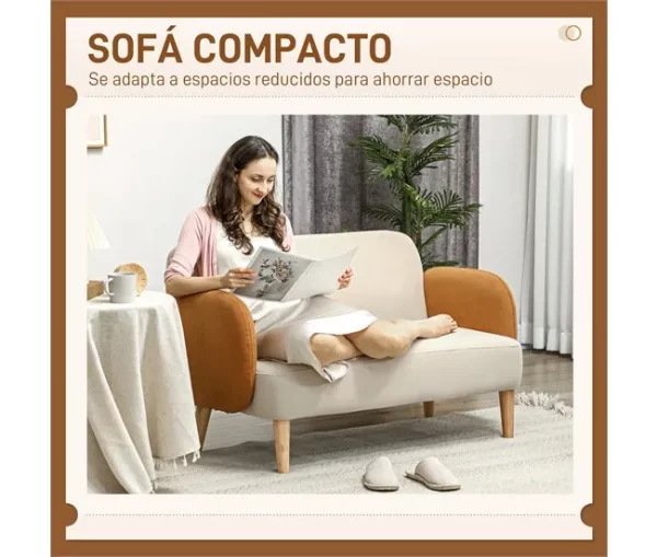 HOMCOM Sofá de 2 Lugares Estofado em Veludo Sofá de Sala de Estar com Apoio para os Braços e Pés de Madeira Sofá Pequeno Carga 240 kg para Dormitório Escritório 130x74x76 cm Bege e Ocre