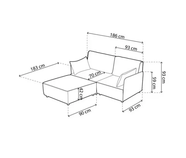 Sofá modular con chaiselongue 2 plazas con brazo Cubiq Gris 186 x 93 x 183 cm