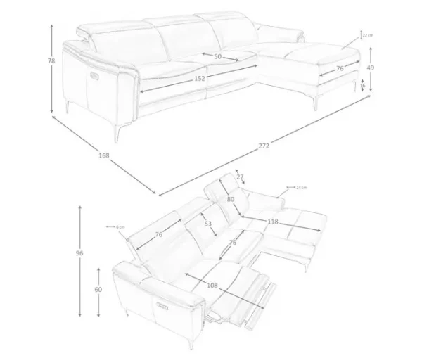 Sofá chaise longue direito em couro preto