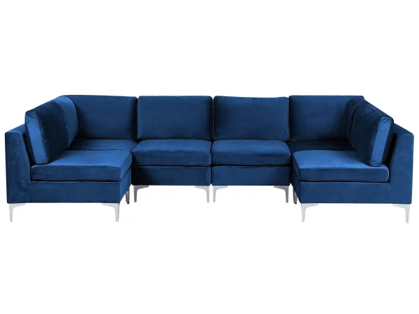 6 Seater U-Shaped Modular Velvet Sofa Blue EVJA DEF