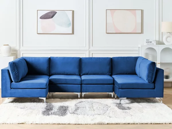 6 Seater U-Shaped Modular Velvet Sofa Blue EVJA DEF