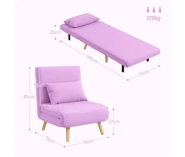 HOMCOM Sofá Cama Individual Sofá Cama Estofado em Linho com Encosto Ajustável em 5 Posições e Almofada Sofá Cama Pequeno para Sala de Estar 72x75x85 cm Rosa