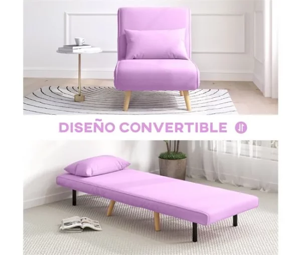 HOMCOM Sofá Cama Individual Sofá Cama Estofado em Linho com Encosto Ajustável em 5 Posições e Almofada Sofá Cama Pequeno para Sala de Estar 72x75x85 cm Rosa