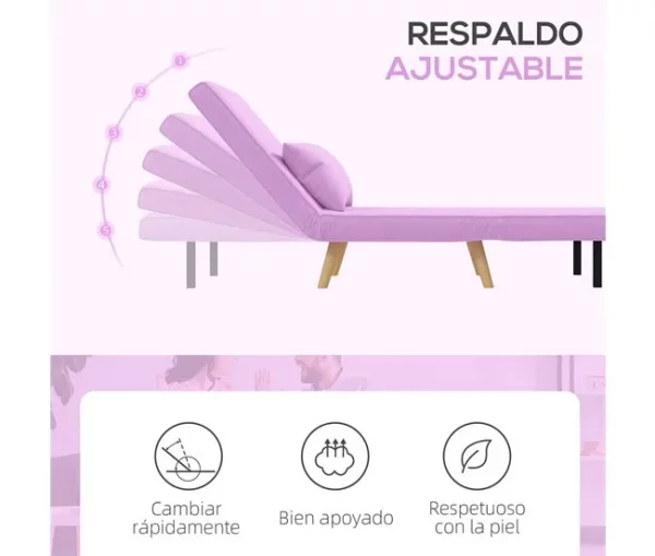 HOMCOM Sofá Cama Individual Sofá Cama Estofado em Linho com Encosto Ajustável em 5 Posições e Almofada Sofá Cama Pequeno para Sala de Estar 72x75x85 cm Rosa
