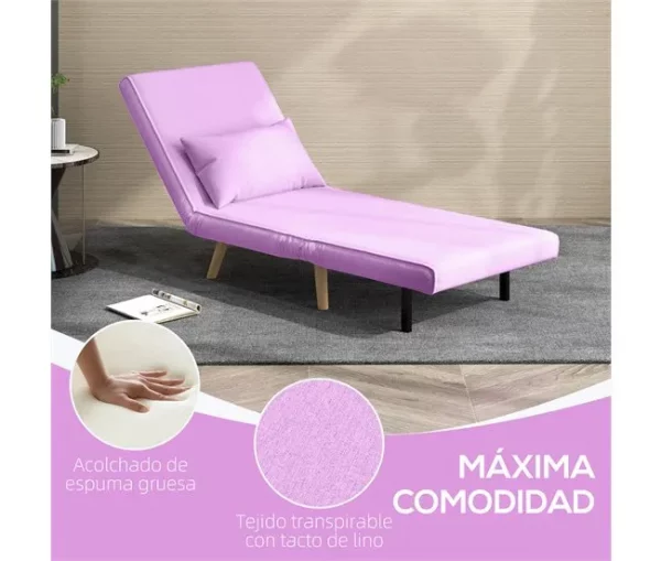 HOMCOM Sofá Cama Individual Sofá Cama Estofado em Linho com Encosto Ajustável em 5 Posições e Almofada Sofá Cama Pequeno para Sala de Estar 72x75x85 cm Rosa