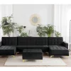 Sofá-cama em forma de U de 5 lugares com repousa-pés em veludo preto ABERDEEN