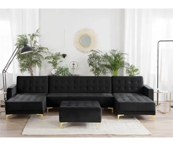 Sofá-cama em forma de U de 5 lugares com repousa-pés em veludo preto ABERDEEN