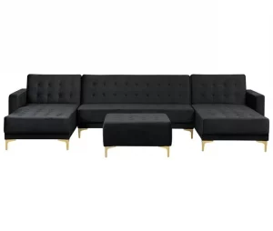 Sofá-cama em forma de U de 5 lugares com repousa-pés em veludo preto ABERDEEN
