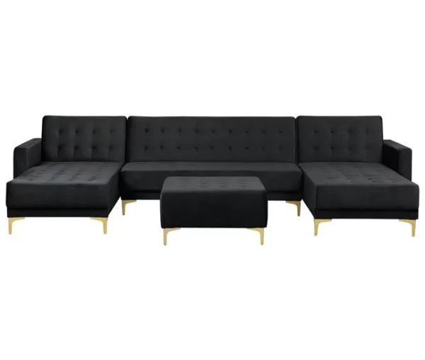 Sofá-cama em forma de U de 5 lugares com repousa-pés em veludo preto ABERDEEN