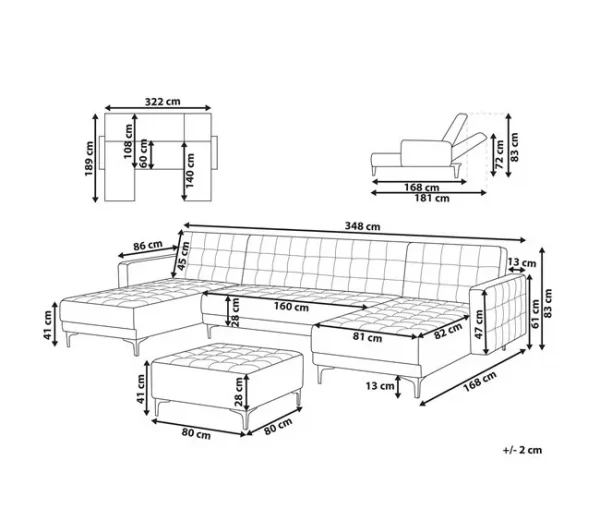 Sofá-cama em forma de U de 5 lugares com repousa-pés em veludo preto ABERDEEN