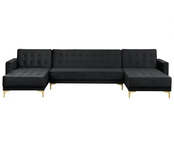 Sofá-cama em forma de U de 5 lugares com repousa-pés em veludo preto ABERDEEN