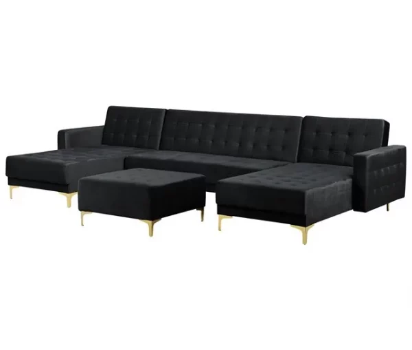Sofá-cama em forma de U de 5 lugares com repousa-pés em veludo preto ABERDEEN