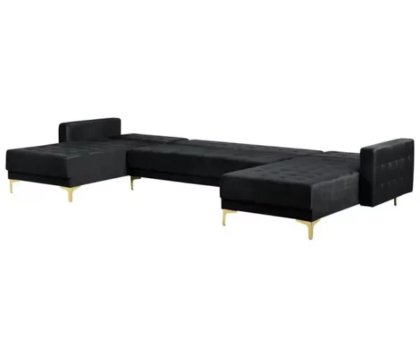 Sofá-cama em forma de U de 5 lugares com repousa-pés em veludo preto ABERDEEN