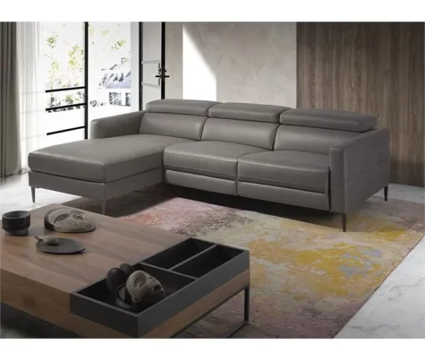 ANGEL CERDA Sofá chaise longue em pele com relaxamento Cinzento escuro