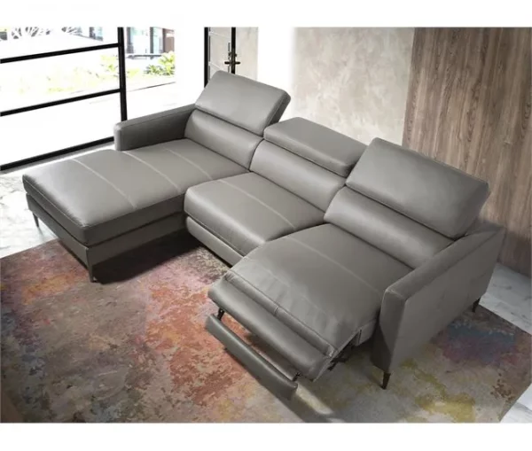 ANGEL CERDA Sofá chaise longue em pele com relaxamento Cinzento escuro