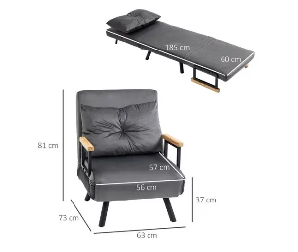 HOMCOM Poltrona Convertível em Cama Dobrável Poltrona 3 em 1 Convertível em Cama com Encosto Ajustável em 5 Níveis e Almofada Acolchoada para Escritório Sala de Estar Carga 120 kg 63x73x81 cm Cinza