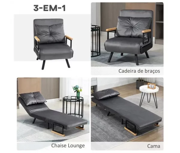 HOMCOM Poltrona Convertível em Cama Dobrável Poltrona 3 em 1 Convertível em Cama com Encosto Ajustável em 5 Níveis e Almofada Acolchoada para Escritório Sala de Estar Carga 120 kg 63x73x81 cm Cinza
