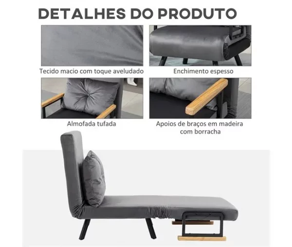 HOMCOM Poltrona Convertível em Cama Dobrável Poltrona 3 em 1 Convertível em Cama com Encosto Ajustável em 5 Níveis e Almofada Acolchoada para Escritório Sala de Estar Carga 120 kg 63x73x81 cm Cinza