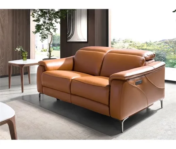 Sofá de relaxamento de 2 lugares estofado em pele castanha com apoio de cabeça, pernas em aço inoxidável cromado escuro e 2 sistemas de relaxamento eléctricos