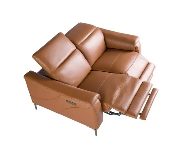 Sofá de relaxamento de 2 lugares estofado em pele castanha com apoio de cabeça, pernas em aço inoxidável cromado escuro e 2 sistemas de relaxamento eléctricos