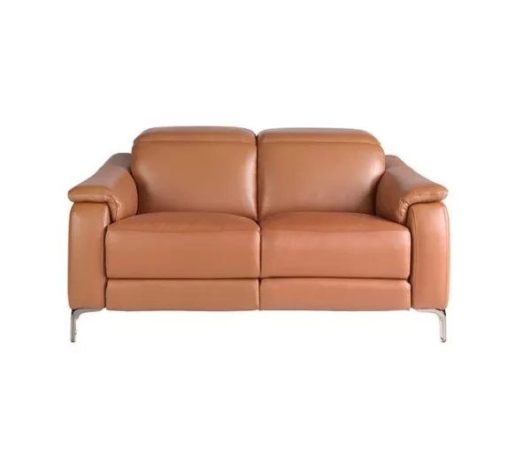 Sofá de relaxamento de 2 lugares estofado em pele castanha com apoio de cabeça, pernas em aço inoxidável cromado escuro e 2 sistemas de relaxamento eléctricos