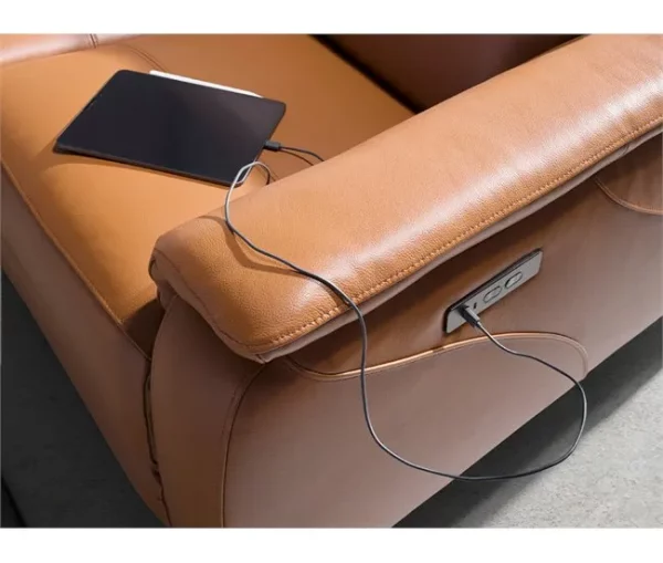 Sofá de relaxamento de 2 lugares estofado em pele castanha com apoio de cabeça, pernas em aço inoxidável cromado escuro e 2 sistemas de relaxamento eléctricos