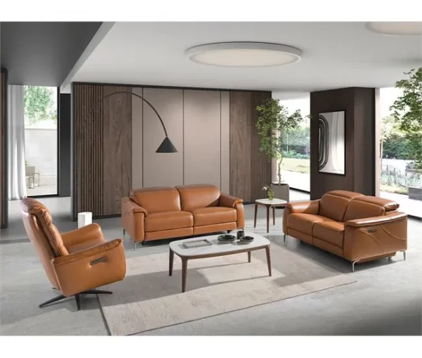 Sofá de relaxamento de 2 lugares estofado em pele castanha com apoio de cabeça, pernas em aço inoxidável cromado escuro e 2 sistemas de relaxamento eléctricos