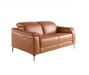 Sofá de relaxamento de 2 lugares estofado em pele castanha com apoio de cabeça, pernas em aço inoxidável cromado escuro e 2 sistemas de relaxamento eléctricos