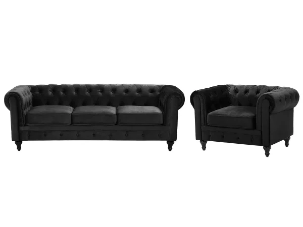 Set Sofa Sessel CHESTERFIELD schwarz Samtstoff CH