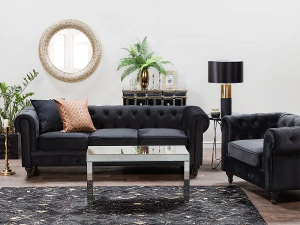 Set Sofa Sessel CHESTERFIELD schwarz Samtstoff CH
