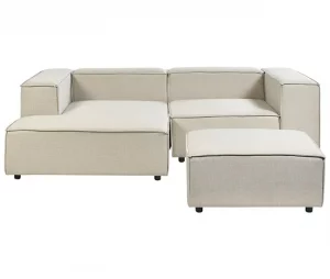 Sofá de canto 2 lugares com repousa-pés em linho creme à direita APRICA