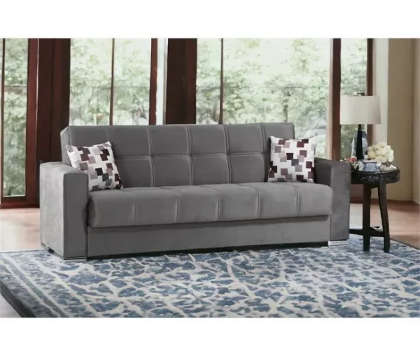 Sofá cama Ddelori, sofá cama container linear de 3 lugares, sofá da sala em tecido acolchoado com abertura click-clac, 226x85h91 cm, Cinza