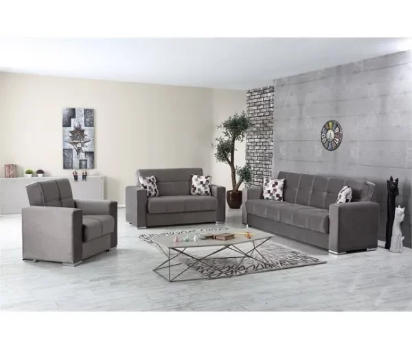 Sofá cama Ddelori, sofá cama container linear de 3 lugares, sofá da sala em tecido acolchoado com abertura click-clac, 226x85h91 cm, Cinza