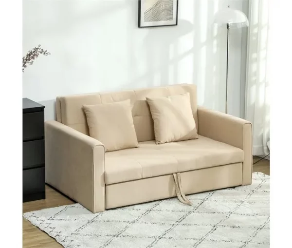 HOMCOM Sofá Cama de 2 Lugares Estofado em Algodão com 2 Almofadas Apoio para os Braços e Armazenamento Sofá Duplo Moderno para Sala de Estar Escritório 152x101x81 cm Bege