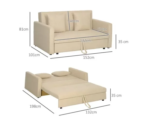 HOMCOM Sofá Cama de 2 Lugares Estofado em Algodão com 2 Almofadas Apoio para os Braços e Armazenamento Sofá Duplo Moderno para Sala de Estar Escritório 152x101x81 cm Bege