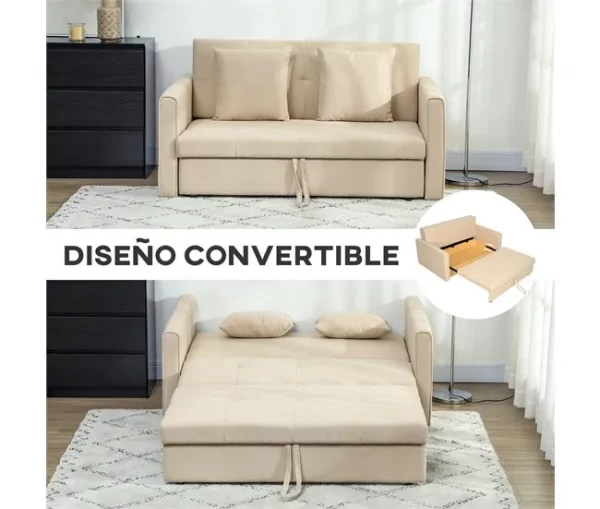 HOMCOM Sofá Cama de 2 Lugares Estofado em Algodão com 2 Almofadas Apoio para os Braços e Armazenamento Sofá Duplo Moderno para Sala de Estar Escritório 152x101x81 cm Bege