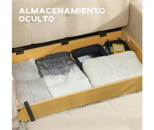 HOMCOM Sofá Cama de 2 Lugares Estofado em Algodão com 2 Almofadas Apoio para os Braços e Armazenamento Sofá Duplo Moderno para Sala de Estar Escritório 152x101x81 cm Bege